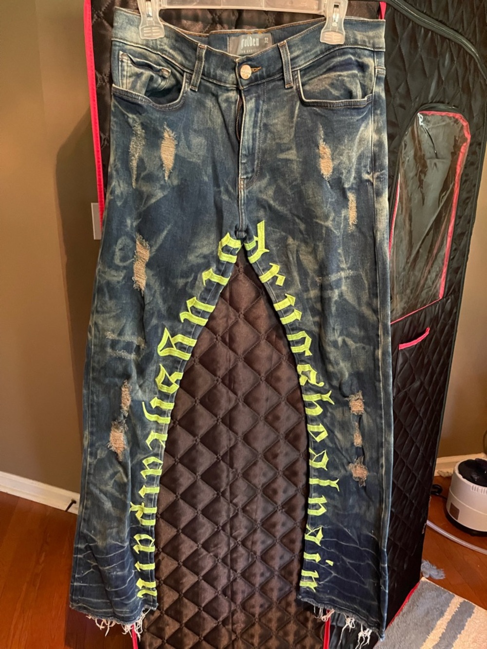 Men's Blue Distressed Bootcut Jeans with Neon Green Accent